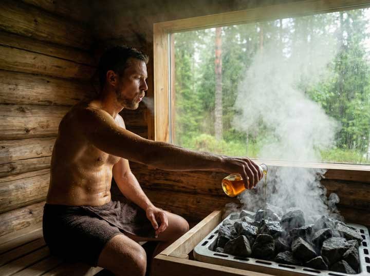 Vapeur douce s'élevant de pierres chaudes avec des herbes